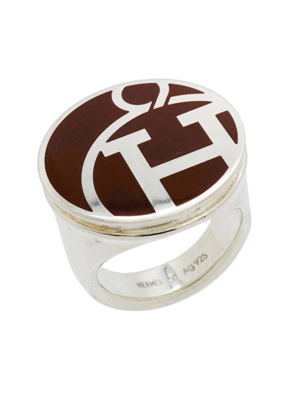 Hermes Ring Signet Round Circle 925 Sterling Silver Brown